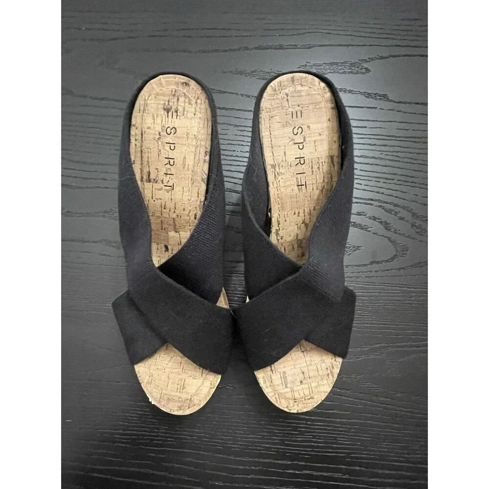 Espirit Women's Oceane Black Cork Wedge Heels Open Toe Slip On Size 7.5‎